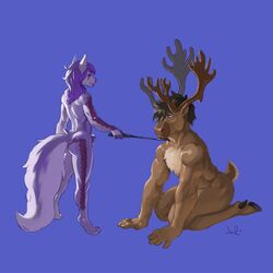 all_fours animal_genitalia anthro antlers canine cervine deer domination duo girly horn julicat male mammal riding_crop sheath smile standing whip yaoi