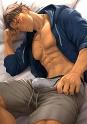 1boy abs bed blue_eyes blush brown_hair erection erection_under_clothes indoors jewelry jim_(mondi_xxx) lying male male_only mondi_xxx muscular muscular_male necklace nipples open_clothes open_jacket original parted_lips pecs solo