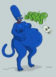 1girls 20th_century_studios 3_toes 4_fingers anthro areolae beastbizkit belly belly_grab belly_overhang big_belly big_breasts blue_body blue_fur blue_hair blue_nipples breasts burping burping_up_skull cartoony cat_marge claws digestion digitigrade disney eyelashes fat_folds female female_only furry grabbing_belly grey_background half-closed_eye love_handles marge_simpson midriff muffin_top navel necklace nipples onomatopoeia paws pearl_necklace pink_nose skull tail vore yellow_sclera