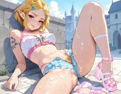 1girls against_wall ai_generated alternate_costume blonde_hair blush breath_of_the_wild bukkake castle covered_in_cum cum egirl feet fishnets green_eyes hairy_pussy horny_female nail_polish open_clothes outdoors painted_nails piercing pink_nails platform_heels princess_zelda pubic_hair public_use sunny tattoo tears_of_the_kingdom the_legend_of_zelda thighs toes tongue tongue_out