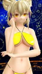 1girls 2025 3d belly_button bikini blonde_hair blush breasts cleavage hand_on_head hati_yukkuri_mmd headphones hips human jpeg light-skinned_female mmd open_mouth short_hair_female solo_female solo_focus swimsuit touhou toyosatomimi_no_miko uncanny_valley waist yellow_bikini