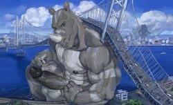 anthro background_character balls bridge building car city destruction detailed_background elephant elephantid elkaart erection genitals hi_res house looking_at_viewer macro male male/male mammal muscular nipples nude outside penis proboscidean rampage rhidos(pyronite) rhinoceros river sitting solo tattoo vehicle