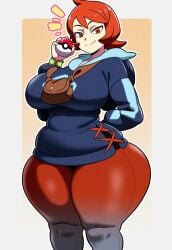 ai_generated arezu_(pokemon) big_ass big_breasts d-art_style huge_ass huge_breasts lubbasdump massive_ass massive_hips pokeball pokemon red_hair smile sweater wide_hips