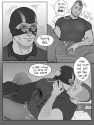 black_and_white call_of_duty clothed clothed_sex clothes clothing comic_page fully_clothed gay ghost ghost_(modern_warfare_2) gray_background grinding grinding_on_penis grinding_through_clothes hugging john_mactavish kissing laying_down laying_on_back laying_on_desk laying_on_stomach making_out mask mask_lift mask_partially_removed mask_pull masked masked_male palming passionate passionate_kiss passionate_sex simon_riley soap_(modern_warfare_2) submissive submissive_male z3nt5u