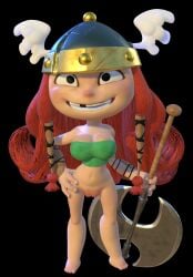 1girls 3d axe barbara_(rayman) bottomless bottomless_female helmet large_breasts long_hair missing_tooth on_model polyvandalism pubic_hair rayman_(series) rayman_legends red_hair top_heavy tubetop viking viking_female weapon wings