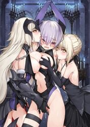 3girls arch armpit_licking armpits artoria_pendragon_(alter) ass_visible_through_thighs asymmetrical_docking bangs bare_shoulders black_dress black_gloves black_legwear blonde_hair blue_fire bound bound_wrists braid breast_grab breast_press breasts breasts_out breasts_to_breasts burning_candles candlelight candles candlestand chains choker cowboy_shot deep_skin dress elbow_gloves embarrassed eyebrows_visible_through_hair face_licking fate/grand_order fate_(series) faulds fingering fire fur_trim girl_sandwich gloves gorget grabbing groin hair_ribbon headpiece jeanne_alter jeanne_d'arc_(fate) jeanne_d'arc_(fate)_(all) large_breasts licking light_particles long_hair looking_at_another mash_kyrielight medium_breasts multiple_girls navel navel_cutout nipples one_eye_closed open_mouth popoccpo profile purple_eyes purple_gloves purple_hair pussy_juice restrained ribbon saber_alter sandwiched shiny shiny_skin short_hair sidelocks single_thighhigh small_breasts stomach sweat thigh_strap thighhighs tied_hair tongue tongue_out vambraces very_long_hair yellow_eyes yuri