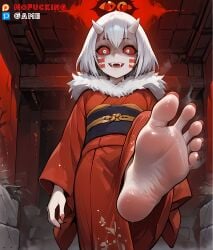 ai-created bangs barefoot black_sclera breasts clothing colored_sclera demon demon_girl demon_slayer facial_mark fangs feet female female fingernails foot_focus fur_trim high_resolution horns kimono looking_at_viewer mukago_(kimetsu_no_yaiba) nail_polish nofuckinggame obi oni oni_horns open_mouth original red_eyes red_kimono red_nails red_sclera robe sash short_hair slit_pupils smile soles solo teeth toenails toes traditional_clothes twitter_logo twitter_username username wafuku white_hair yandere