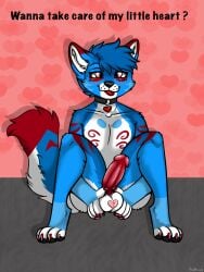 anthro arulouprouge balls canid canine canis collar collar_only dessert domestic_dog erection food genitals heart_symbol hi_res holding_balls male mammal nude penis presenting shaved_balls shaved_ice solo text tongue tongue_out wolf