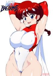 armpits arms_up bare_legs bare_thighs belly_button_visible_through_clothing blue_eyes blush braid breasts cameltoe donguri2 elbow_gloves gloves groin highleg_leotard huge_breasts leotard mach_breakers nipples_visible_through_clothing open_mouth ranma-chan ranma_1/2 red_gloves red_hair skin_tight smile thick_thighs thighs white_leotard