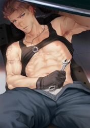 1boy abs armpit_hair blue_eyes dan_(mondi_xxx) dirty gloves jumpsuit looking_at_viewer male male_only mechanic mondi_xxx muscular muscular_male necklace nipples original parted_lips pecs red_hair shirt_lift solo tank_top tattoo wrench