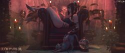 1girls 3d baldur's_gate baldur's_gate_3 black_hair circlet detailed_background feet feline idylla lingerie shadowheart sitting solo_female thighs