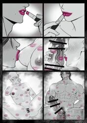 1boy 1girls abs applying_lipstick bar_censor breasts censored comic completely_nude emuko eyeless_female female lipstick lipstick_mark male mole mole_under_mouth monochrome muscular muscular_male nipples nude original pecs penis smile spot_color straight veiny veiny_arms veiny_penis