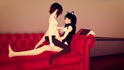 2girls 3d animated blake_belladonna female female_only fingering offscreen_character ruby_rose rwby secretbuttstuff sofa sound video yang_xiao_long yuri