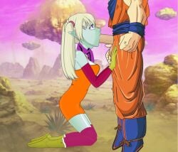 1boy 1girls balls beige_hair blowjob blue_skin boots breasts clothed_female clothed_female_clothed_male clothed_male clothed_sex clothes demon_girl detailed_background dragon_ball dragon_ball_daima erect_penis erection fellatio female gloves male medium_breasts oral oral_sex panzy_(dragon_ball_daima) penis penis_in_mouth pointy_ears purple_eyes roro73290 saiyan scarf self_upload size_difference son_goku super_deepthroat_game twintails