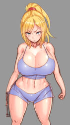 1girls abs bare_shoulders blonde_hair blue_eyes breasts cleavage erect_nipples female female_only grey_background gun highres holding holding_gun holding_weapon huge_breasts human long_hair looking_at_viewer metroid midriff muscle muscles muscular muscular_female navel nintendo ponytail samus_aran shorts simple_background sketch solo solo_female sweat tied_hair toned weapon wet wide_hips wolffeld_price