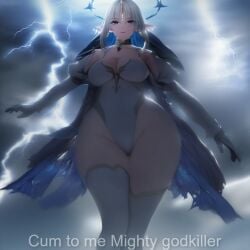 ai_generated blue_eyes cape clouds concept curvy curvy_female edited elf elf_ears game_character looking_at_viewer storm tagme tagme_(character) white_hair wuthering_waves