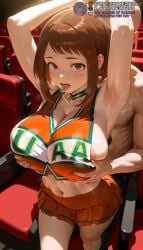 1boy 1girls ai_generated alternate_breast_size areola_slip armpits arms_up bald blush blush_stickers boku_no_hero_academia breasts brown_eyes brown_hair cheerleader choker cleavage clothes_writing crop_top female grabbing grabbing_another's_breast grabbing_from_behind groping huge_breasts large_breasts looking_at_viewer male meitabuu midriff miniskirt my_hero_academia navel nipple_slip ochako_uraraka open_mouth orange_shirt orange_skirt pleated_skirt saliva shirt short_hair sideboob sidelocks skirt sleeveless socks solo_focus standing straight sweat thighs tongue tongue_out uraraka_ochako