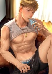 1boy abs blonde_hair blush earrings indoors jewelry looking_at_viewer luca_(mondi_xxx) male male_only mondi_xxx muscular muscular_male necklace nipples original pecs purple_eyes shirt_lift sitting solo sweat tank_top