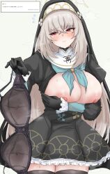 1girls black_bra black_gloves black_thighhighs blue_archive blush breasts breasts_out covering_breasts cowboy_shot embarrassed frills grey_hair holding holding_bra japanese_text large_areolae large_breasts machismo_fuji nipples nun open_clothes puffy_nipples puffy_sleeves purple_eyes request sakurako_(blue_archive) simple_background solo solo_female sweat thighhighs thighs underwear veil white_background