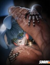 2025 5_fingers absurd_res anthro artist_name balls big_balls big_penis black_nose blue_body blue_hair duo eyebrows eyewear female fingers five_nights_at_freddy's five_nights_at_freddy's_2 genitals glasses green_eyes hair hi_res huge_balls huge_cock human humanoid_genitalia humanoid_penis hyper hyper_genitalia hyper_penis lagomorph leporid lips looking_at_viewer machine male male/female mammal penis pink_lips rabbit robot scottgames sunr4y text toy_bonnie_(fnaf) toy_bonnie_(sunr4y) white_body