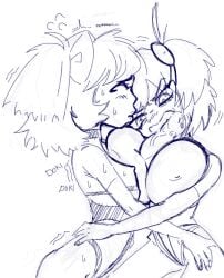 1boy 2girls 4chan bow breasts bury_ebil_gril bury_pink_gril disembodied_penis drawfag female hairbow huge_breasts male meme naizuri nipples open_mouth paizuri penis precum small_breasts sweat twintails