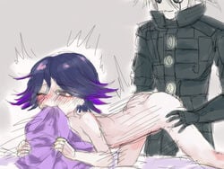 anal bed blue_hair blush danganronpa doggy_style gay girly human k1-b0 keebo kiibo kokichi_ouma male new_danganronpa_v3 ouma_kokichi penetration robot sex size_difference smile straight_hair white_hair yaoi