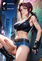 1futa ai_generated balls black_shirt breasts brown_boots brown_eyes cock colored dick erection futa/female futa_only futanari intersex jean_shorts light-skinned_futa light_skin long_hair nickythecreator penis revy sexy sexy_body sexy_pose standing testicles uncensored veiny_penis violet_hair