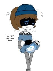 background_character blue_eyes bright_light brown_hair embarrassed exposed_pussy female_only mercurialmorose murder_drones robot_girl