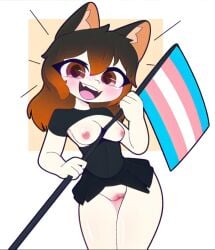 breasts brown_eyes brown_hair dress exposed_breasts exposed_pussy female furry_ears looking_at_viewer mandoy1o1 nipples original_character pussy smiling_at_viewer solo_female trans_flag wide_hips