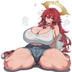 30bagsofballs ai_generated arms_behind_back belly belly_button bottom_heavy bulge cleavage eating female full_body green_eyes guilty_gear guilty_gear_strive guilty_gear_xrd halo huge_boobs huge_breasts huge_hips huge_thighs jack-o'_valentine jean_shorts large_breasts leaning leaning_back legs_apart long_eyelashes long_hair looking_at_viewer multicolored_hair necklace no_background popsicle popsicle_in_mouth popsicle_melting question_mark red_hair red_sneakers shorts sideways simple_background sitting sitting_sideways sneakers steaming_body sweat sweating tank_top thick_thighs thighs_focus tight_clothing top_heavy very_long_hair white_background white_hair white_shirt white_tank_top wide_hips