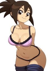 1girls alternate_version_available big_breasts bottomwear bra breasts brown_eyes brown_hair cleavage clothes_lift clothing female female_only hair hands_behind_back hips hope_stelar kyde lace lace-trimmed_bra lace-trimmed_panties lace_trim lingerie mature mature_female mature_woman mega_man mega_man_star_force milf mother pants pants_down pink_bra pink_panties smile solo solo_female thighs tied_hair topwear wide_hips