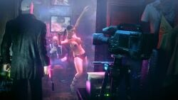 1girls 2males 3d 3d_(artwork) absurd_res absurdres agent_47 armpit assassin bald bandage beautiful_woman beta_design black_hair black_panties black_short_shorts choker cleavage collarbone dancing dominic_osmond edited_screencap elizabeth_bodling high_heels high_resolution highres hitman hitman_absolution holding_pistol huge_breasts imminent_death io-interactive long_hair mature_female navel nipple_pasties official official_art promotional_art short_shorts smiling source_request strip_club stripper suppressor text unbothered younger_female_older_male