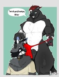 anthro arm_tattoo blue_ears blue_eyes bodily_fluids bulge bulge_in_face clothing clothing_pull collar dominant dominant_male drooling duo felid genital_fluids genitals head_grab hi_res hybrid jockstrap leaking_precum leopard loose_shirt male male/male mammal muscular pantherine penis penis_on_face precum procyonid raccoon ragsty_towel rivets_(rivetstheblue) saliva speech_bubble sweat tattoo text underwear underwear_pull zephyr_(rivetstheblue)