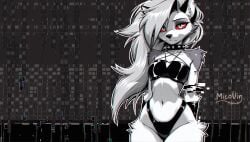 1girls ai_generated anthro arms_behind_back female furry hands_behind_back hellhound helluva_boss lingerie long_hair looking_at_viewer loona_(helluva_boss) solo wolf wolf_girl