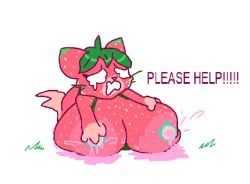 anthro areola asking_for_help big_breasts bodily_fluids breast_expansion breasts breasts_on_ground cheek_tuft dipstick_ears domestic_cat ear_markings elemental_creature english_text expansion facial_tuft fakemon felid feline felis female flora_fauna food food_creature fruit fur grass green_body green_fur huge_breasts hyper hyper_breasts lactating lactating_juice living_fruit mammal multicolored_ears narrowed_eyes nipples plant red_body red_fur simple_background solo strawpurry_(theonetruesinner) tail teary_eyes text theonetruesinner tuft unusual_bodily_fluids unusual_lactation whiskers white_background