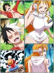 1boy 1girls after_sex ai_generated ass big_ass big_breasts breasts busty curvy female forest gear_5_luffy gomu_gomu_no_mi gomu_gomu_no_mi_(gear_5) jarentr leotard long_hair male monkey_d_luffy muscular muscular_male nami_(one_piece) one_piece one_piece:_egghead_arc orange_hair outdoors outside panels panties scar sex tattoo thick_thighs transformation white_hair wide_hips