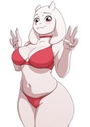 1girls alternate_color alternate_version_available animal_ears anthro big_breasts blush bottomwear bra breasts choker cleavage double_peace_sign female female_only goat_ears hips horns kyde mature mature_female mature_woman milf mother neckwear panties peace_sign red_bra red_eyes red_panties smile solo solo_female thighs topwear toriel undertale white_body white_skin wide_hips