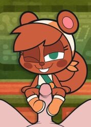 1boy 1girls age_difference anthro brown_body brown_ears brown_fur brown_nose brown_tail clothed clothed_female clothing eyelashes feet female foot_fetish footjob green_eyes looking_at_viewer male mitzi_(ajmarekart) murphy_and_mitzi pov sitting squirrel tagme unknown_artist wink winking