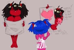 2girls 4chan black_hair blue_hair bow breasts bury_ebil_gril bury_pink_gril closed_mouth completely_nude cute_fang dialogue drawfag dress english_text female hairbow holding holding_paper huge_breasts implied_yuri meme nude open_mouth paint paper pink_paint pink_skin red_bow red_skin speech_bubble tail twintails valentine's_day white_dress