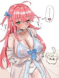 ... ahoge babydoll blue_babydoll blue_ribbon blush bow bow_panties breasts choker cleavage commentary_request cosplay female frilled_choker frills green_eyes hair_between_eyes hair_ornament hair_ribbon hairclip heart hololive kintoki_(sakura_miko) large_breasts long_hair looking_at_viewer panties pink_hair red_bow ribbon sakura_miko shirogane_noel shirogane_noel_(9th_costume) shirogane_noel_(cosplay) shirt_ribbon smile solo spoken_heart toriani3 translation_request underwear virtual_youtuber white_panties