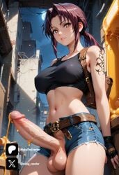 1futa ai_generated balls black_shirt breasts brown_boots brown_eyes cock colored dick erection futa/female futa_only futanari intersex jean_shorts light-skinned_futa light_skin long_hair nickythecreator penis revy sexy sexy_body sexy_pose standing testicles uncensored veiny_penis violet_hair