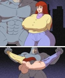 1boy1girl big_breasts dat_ass imminent_sex marvel mary_jane_watson muscular_male pulpawoelbo red_eyes rhino_(spider-man) size_difference spider-man_(series) suspended undressing venus_body villain voluptuous_female wide_hips