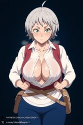 1female 1girls 2025 ahoge ai_generated artist_name ass_visible_through_thighs big_ass big_breasts black_clover blue_pants blush breasts cleavage collarbone collared_shirt cowboy_shot curvy green_eyes grey_hair hi_res high_quality high_resolution highres huge_ass huge_breasts large_breasts licita_(black_clover) long_sleeves looking_at_viewer no_bra open_clothes open_shirt pants partially_unbuttoned patreon patreon_username richita_(black_clover) shirt short_hair simple_background solo sweat thigh_gap unbuttoned unjobdespiert vest watermark web_address white_shirt