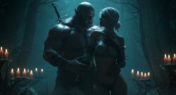 3d 3d_(artwork) 3d_model ai_generated ciri cirilla_fiona_elen_riannon dark-skinned_male dark_skin female forest green-skinned_male green_eyes green_skin human human_female leshay7 light-skinned_female light_skin male male/female muscular muscular_male night orc orc_male outdoors the_witcher_(series) the_witcher_3:_wild_hunt white_hair
