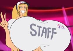 blonde_hair blue_eyes caucasian cream_vanilla eyelashes gigantic_breasts hat huge_breasts original_character peace_sign shirt_lift smiling tasteofchoklit tight_clothing white_body white_shirt