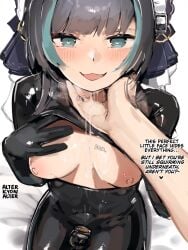 1futa alterkyon animegao azur_lane bodysuit bondage breasts chastity_cage cheshire_(azur_lane) clothed clothing cosplay flat_chastity_cage futanari futasub green_eyes green_hair grey_hair highres intersex kigurumi latex latex_bodysuit looking_at_viewer maid_headdress male medium_hair mostly_clothed multicolored_hair nipples open_mouth otoko_no_ko saliva_pool sitting skin_tight small_breasts small_chastity_cage solo