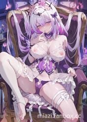 bare_shoulders blush breasts castorice_(honkai:_star_rail) cleavage covered_nipples female highres honkai:_star_rail honkai_(series) large_breasts long_hair looking_at_viewer miazi nipples panties pointy_ears purple_eyes purple_hair purple_panties pussy pussy_peek sitting smile solo spread_legs thighhighs tiara underwear
