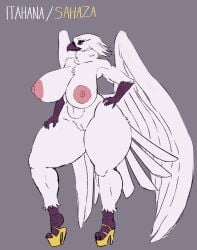 anthro areola avian beak big_breasts breasts clothing feathers feet female footwear genitals hi_res high_heels huge_breasts huge_thighs nipples non-mammal_breasts nude orange_eyes pussy revifrry shoes solo solo_focus tail tail_feathers talons thick_thighs toes white_body wings