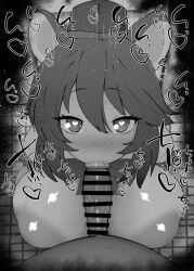 1boy 1girls :>= allied_hyakkiyako_academy_student animal_ears big_breasts big_penis black_and_white blowjob blue_archive blush breasts censored dark-skinned_male dark_skin detailed_background drooling eyelashes fellatio female hat heart heart-shaped_pupils humanoid indoor inner_discipline_club_(blue_archive) inside interspecies inverted_nipples kaede_(blue_archive) kaede_(guide)_(blue_archive) kurotama long_hair looking_at_viewer male male_pov miko no_color oral oral_sex penis ribbon room saliva shiny shiny_skin sketch sound_effects squatting sweat text vein veins veiny veiny_penis