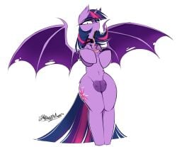 bat_pony bodily_fluids crotch_breasts equid fangs female feral friendship_is_magic genitals hasbro hi_res jewelry madragon mammal my_little_pony navel necklace pussy religious_neckwear saliva saliva_on_tongue solo teats teeth torn_wing twilight_sparkle_(mlp)